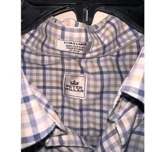Peter Millar Mens XL Button Down Shirt Plaid Blue Tan White 100% Cotton Long Slv
